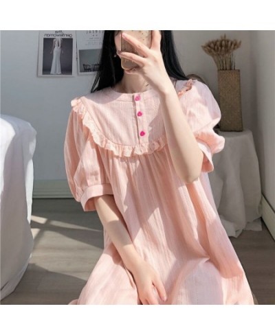 Nightgowns Women Loose Sweet Simple Buttons Female Daily Lovely Homewear Puff Sleeve Mid-calf Comfortable Princess Summer Nig...