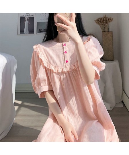 Nightgowns Women Loose Sweet Simple Buttons Female Daily Lovely Homewear Puff Sleeve Mid-calf Comfortable Princess Summer Nig...