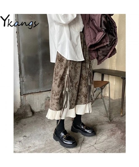 French Vintage Stitching Irregular Long Skirt Female Autumn Winter High Waist Loose Mid-Length Skirt Women Lace Up Pleated $5...