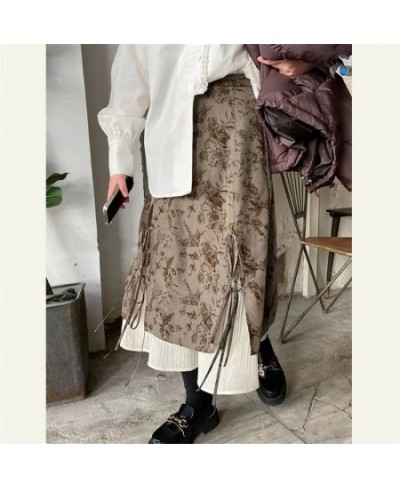 French Vintage Stitching Irregular Long Skirt Female Autumn Winter High Waist Loose Mid-Length Skirt Women Lace Up Pleated $5...