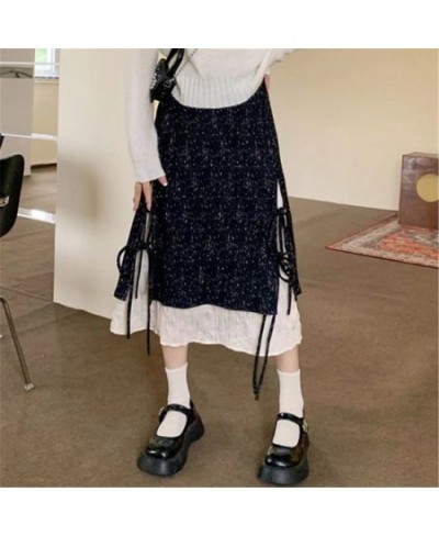 French Vintage Stitching Irregular Long Skirt Female Autumn Winter High Waist Loose Mid-Length Skirt Women Lace Up Pleated $5...