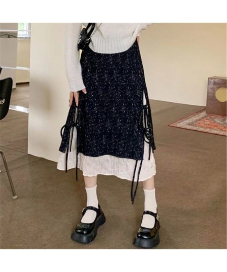 French Vintage Stitching Irregular Long Skirt Female Autumn Winter High Waist Loose Mid-Length Skirt Women Lace Up Pleated $5...