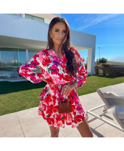 Women Long Sleeve Chiffon Mini Dress Women 2022 Fashion Floral Print High Waist V Neck Ruffles Elegant Dresses Robe Femme $34...