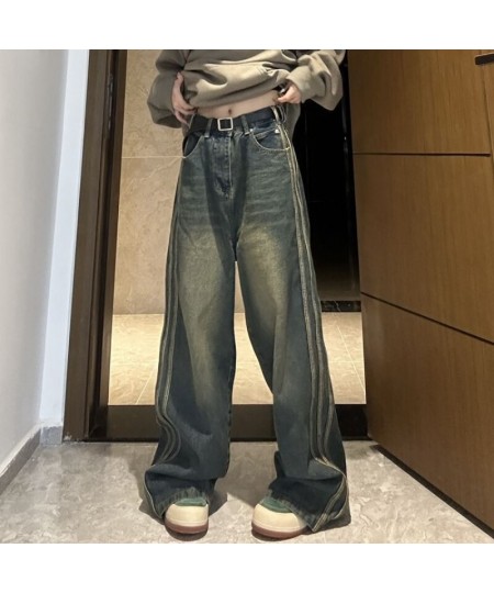 2023 new Korean version retro side stripe design high waist micro flared jeans women's loose casual straight wide leg pants Y...