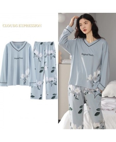 Spring Autumn Knitted Cotton Elegant Women Floral Pajama Sets Sleepwear Casul Lounge Set Plaid Pants Pajamas Womens Home $34....