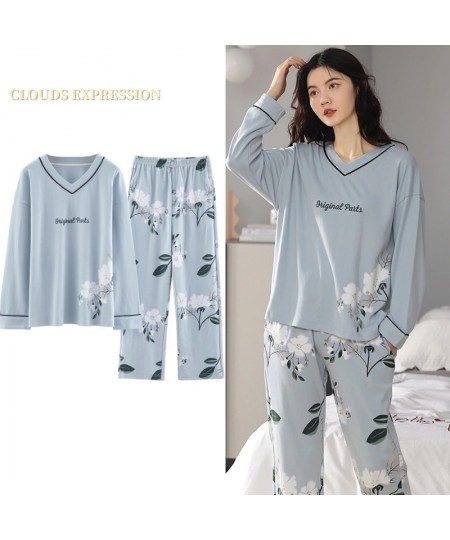 Spring Autumn Knitted Cotton Elegant Women Floral Pajama Sets Sleepwear Casul Lounge Set Plaid Pants Pajamas Womens Home $34....