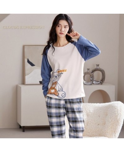 Spring Autumn Knitted Cotton Elegant Women Floral Pajama Sets Sleepwear Casul Lounge Set Plaid Pants Pajamas Womens Home $34....