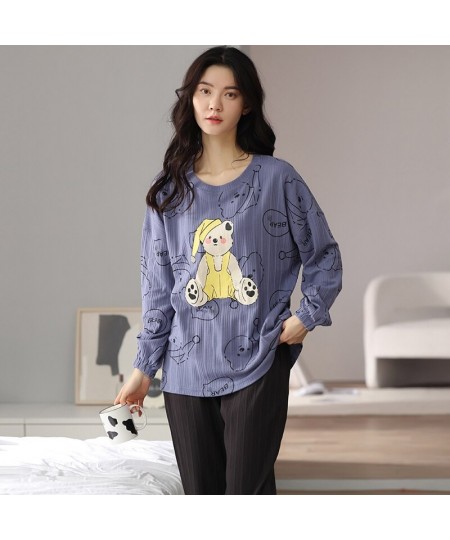 Spring Autumn Knitted Cotton Elegant Women Floral Pajama Sets Sleepwear Casul Lounge Set Plaid Pants Pajamas Womens Home $34....