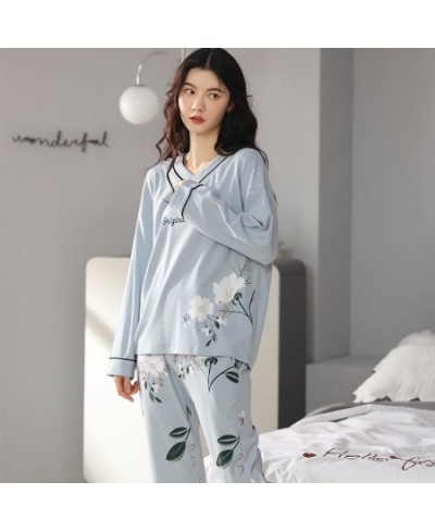 Spring Autumn Knitted Cotton Elegant Women Floral Pajama Sets Sleepwear Casul Lounge Set Plaid Pants Pajamas Womens Home $34....