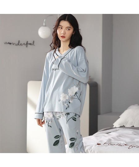 Spring Autumn Knitted Cotton Elegant Women Floral Pajama Sets Sleepwear Casul Lounge Set Plaid Pants Pajamas Womens Home $34....