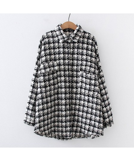 Women Fashion Oversized Houndstooth Frayed Tweed Jacket Thick Loose Coat Vintage Long Sleeve Pockets Female Outerwear Chic To...