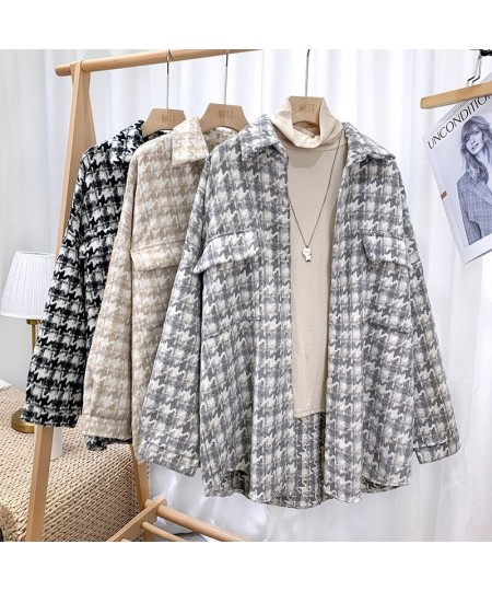 Women Fashion Oversized Houndstooth Frayed Tweed Jacket Thick Loose Coat Vintage Long Sleeve Pockets Female Outerwear Chic To...