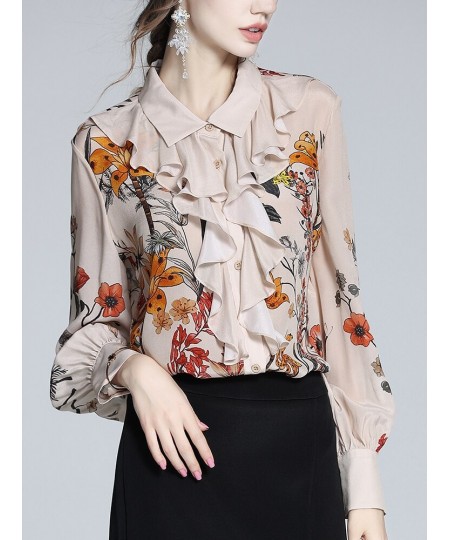 Silk Apricot Floral Blouse Women 2022 Spring And Summer New Ruffled French Top Flower Casual Shirts Indie Folk Blouse $38.40 ...