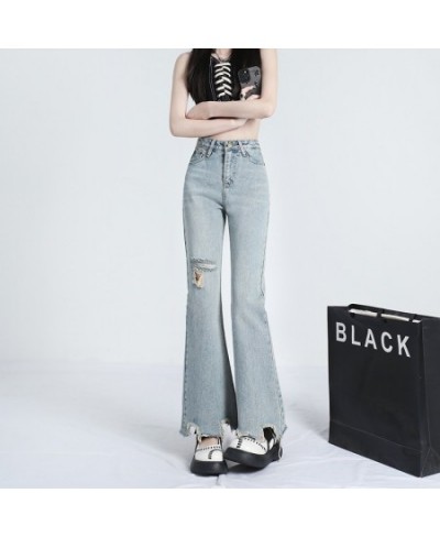 Light color ripped micro ripped jeans women's summer thin style high waist show thin person design sense irregular flare pant...