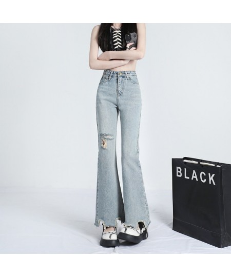 Light color ripped micro ripped jeans women's summer thin style high waist show thin person design sense irregular flare pant...