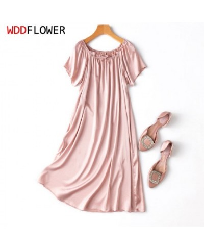 Women Silk Night Dress 93% Mulberry Silk 7% Spandex 19 Momme Nightgown Home Dresses Sweet Solid Color Pink Sleepwear MM654 $8...