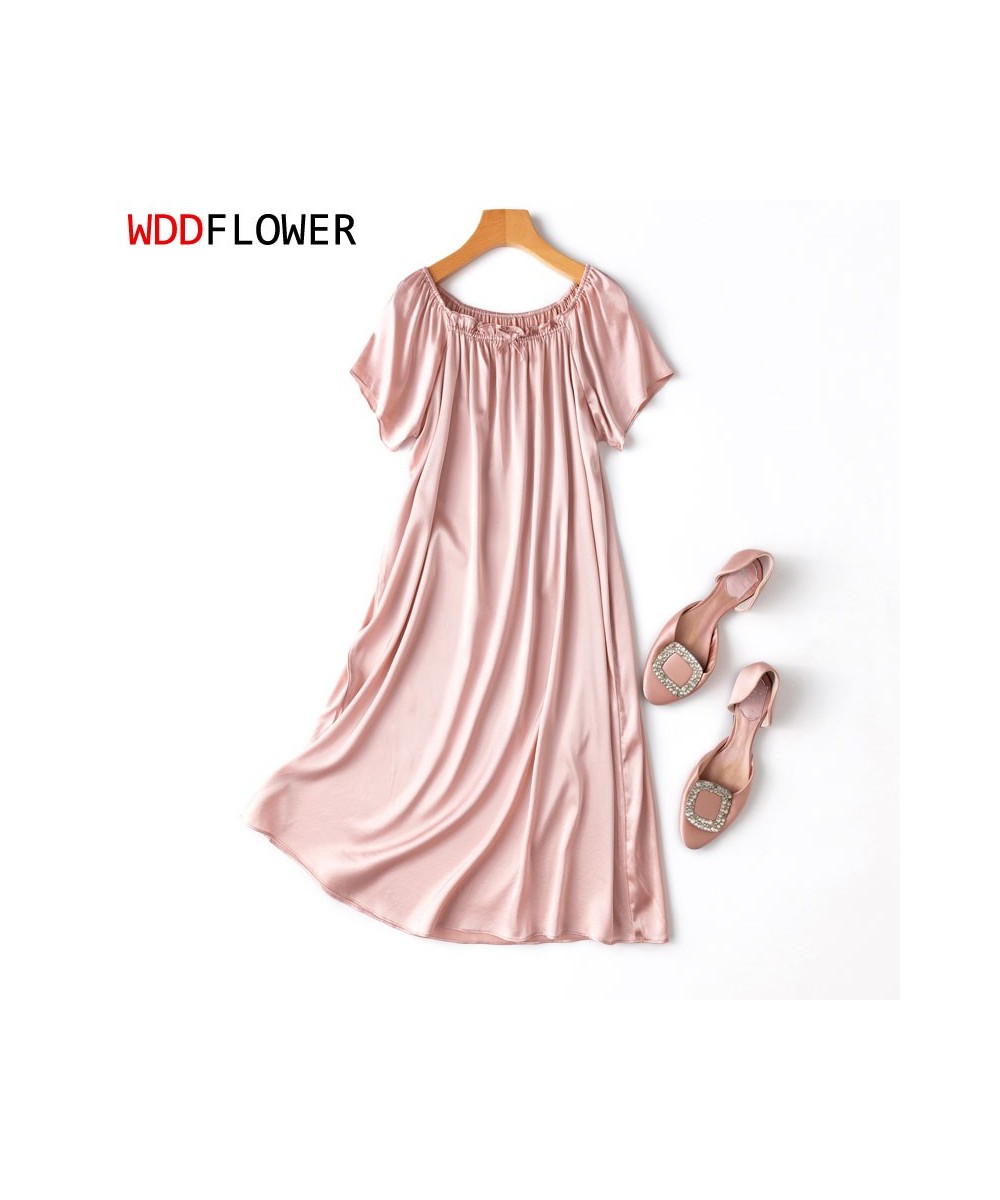 Women Silk Night Dress 93% Mulberry Silk 7% Spandex 19 Momme Nightgown Home Dresses Sweet Solid Color Pink Sleepwear MM654 $8...