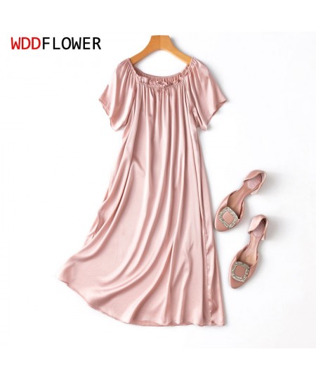 Women Silk Night Dress 93% Mulberry Silk 7% Spandex 19 Momme Nightgown Home Dresses Sweet Solid Color Pink Sleepwear MM654 $8...