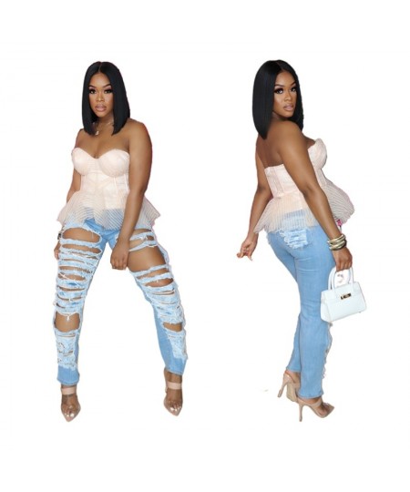 Curvy Jeans Woman High Waist 2023 New Light Blue Ripped Hole Women Summer Plus Size Denim Pencil Pants Jean Pantalon Pour Fem...