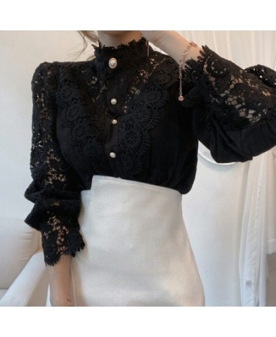 White Patchwork Shirt Button Hollow Out Tops Korean Chic Lace Blouse Women Flower Stand Collar Blusas Petal Sleeve Blouses $3...