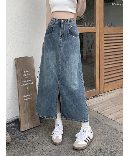 All-match Straight Denim Skirt Women 2023 New Plus Size 5XL Front Slit Pockets High Waist Midi Long Jeans Skirt Female $54.85...