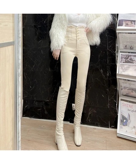 Super High Waist Stretch Skinny Jeans Women Korean Slim Button Fly Pencil Denim Pants Design Fashion Beige Legging Vaqueros N...