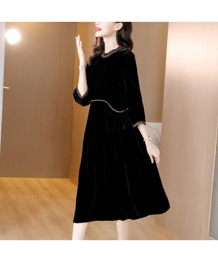 Black Gold Velvet Dress In Autumn And Winter 2022 Long Sleeves Show Thin Waist Versatile Heavy Industry Embroidery Skirt $67....