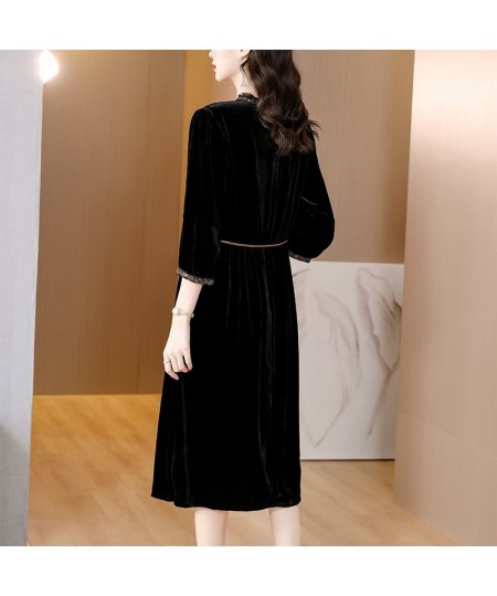 Black Gold Velvet Dress In Autumn And Winter 2022 Long Sleeves Show Thin Waist Versatile Heavy Industry Embroidery Skirt $67....