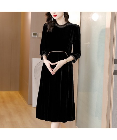 Black Gold Velvet Dress In Autumn And Winter 2022 Long Sleeves Show Thin Waist Versatile Heavy Industry Embroidery Skirt $67....