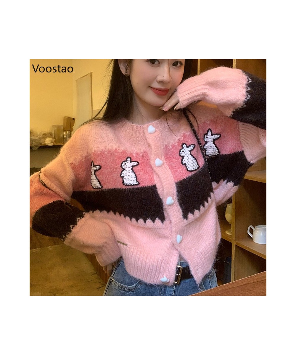 Fashion Sweet Knitted Cardigan Women Chic Bunny Embroidery O-Neck Sweater Coat Female Cute Loose Long Sleeve Knitwear Crop To...