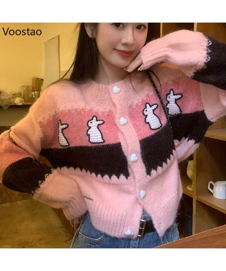 Fashion Sweet Knitted Cardigan Women Chic Bunny Embroidery O-Neck Sweater Coat Female Cute Loose Long Sleeve Knitwear Crop To...