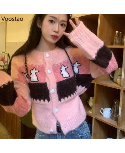 Fashion Sweet Knitted Cardigan Women Chic Bunny Embroidery O-Neck Sweater Coat Female Cute Loose Long Sleeve Knitwear Crop To...