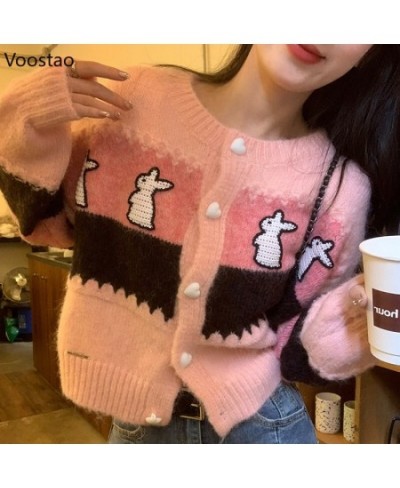 Fashion Sweet Knitted Cardigan Women Chic Bunny Embroidery O-Neck Sweater Coat Female Cute Loose Long Sleeve Knitwear Crop To...