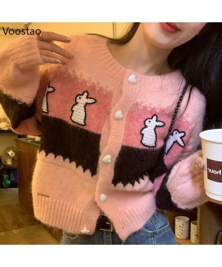 Fashion Sweet Knitted Cardigan Women Chic Bunny Embroidery O-Neck Sweater Coat Female Cute Loose Long Sleeve Knitwear Crop To...