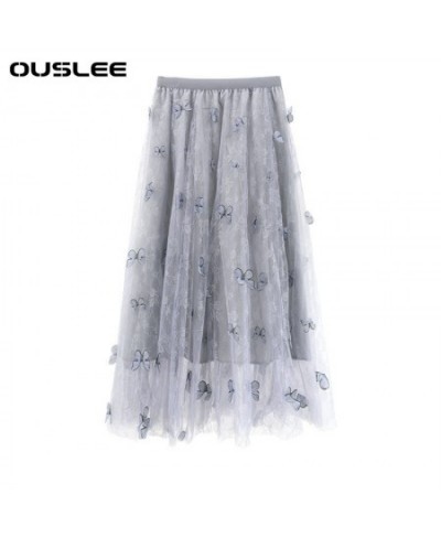 New Butterfly Applique Long Mesh Skirt Women Vintage High Waist Tulle Pleated Skirts Female Sweet Korean Style Maxi Skirt $42...