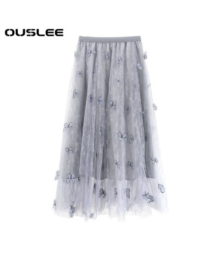 New Butterfly Applique Long Mesh Skirt Women Vintage High Waist Tulle Pleated Skirts Female Sweet Korean Style Maxi Skirt $42...