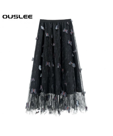 New Butterfly Applique Long Mesh Skirt Women Vintage High Waist Tulle Pleated Skirts Female Sweet Korean Style Maxi Skirt $42...