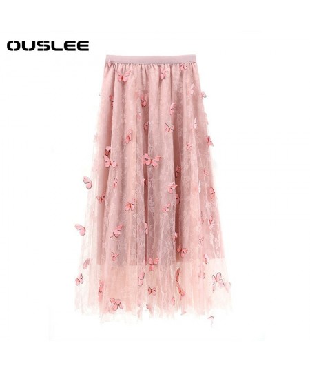 New Butterfly Applique Long Mesh Skirt Women Vintage High Waist Tulle Pleated Skirts Female Sweet Korean Style Maxi Skirt $42...