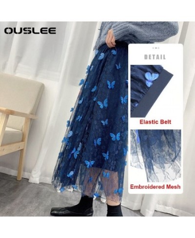 New Butterfly Applique Long Mesh Skirt Women Vintage High Waist Tulle Pleated Skirts Female Sweet Korean Style Maxi Skirt $42...