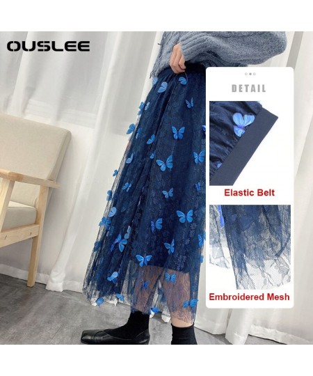 New Butterfly Applique Long Mesh Skirt Women Vintage High Waist Tulle Pleated Skirts Female Sweet Korean Style Maxi Skirt $42...