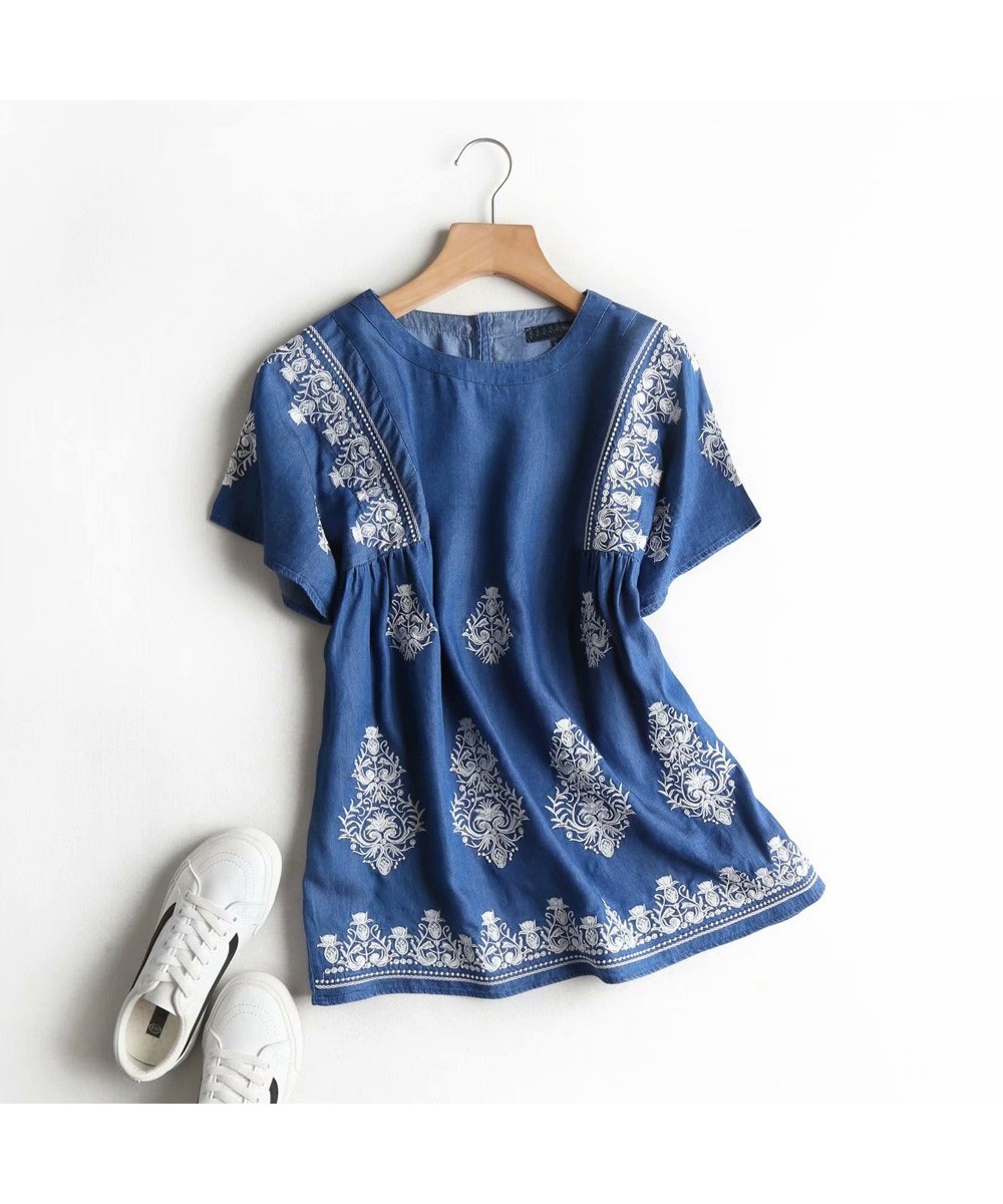 embroidery denim blouse women summer short sleeve jeans blouse shirt blue casual streetwear loose tops floral soft blouse $51...