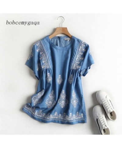 embroidery denim blouse women summer short sleeve jeans blouse shirt blue casual streetwear loose tops floral soft blouse $51...