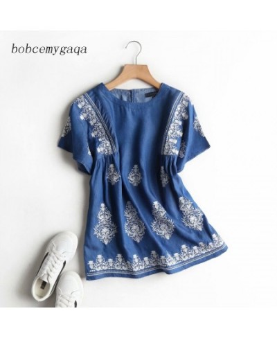 embroidery denim blouse women summer short sleeve jeans blouse shirt blue casual streetwear loose tops floral soft blouse $51...