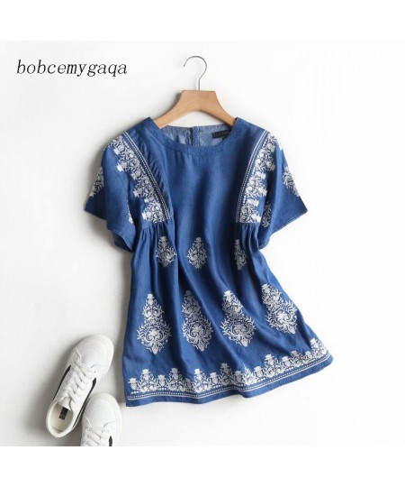 embroidery denim blouse women summer short sleeve jeans blouse shirt blue casual streetwear loose tops floral soft blouse $51...