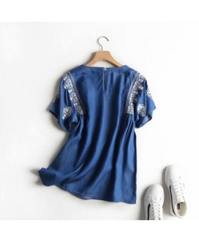 embroidery denim blouse women summer short sleeve jeans blouse shirt blue casual streetwear loose tops floral soft blouse $51...