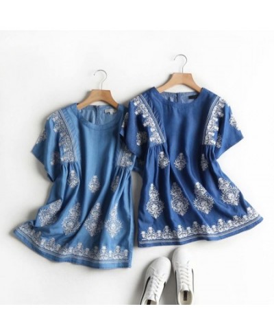 embroidery denim blouse women summer short sleeve jeans blouse shirt blue casual streetwear loose tops floral soft blouse $51...