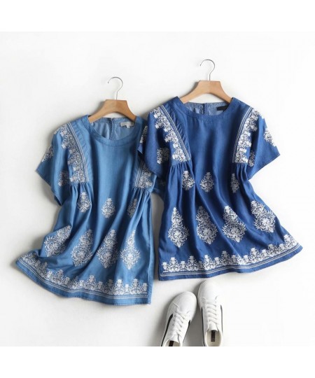 embroidery denim blouse women summer short sleeve jeans blouse shirt blue casual streetwear loose tops floral soft blouse $51...