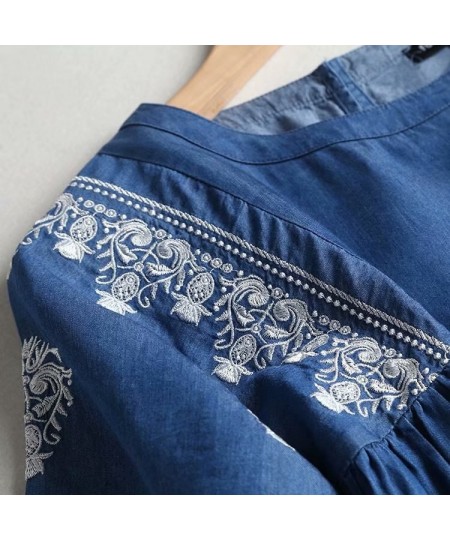 embroidery denim blouse women summer short sleeve jeans blouse shirt blue casual streetwear loose tops floral soft blouse $51...