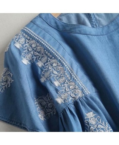 embroidery denim blouse women summer short sleeve jeans blouse shirt blue casual streetwear loose tops floral soft blouse $51...