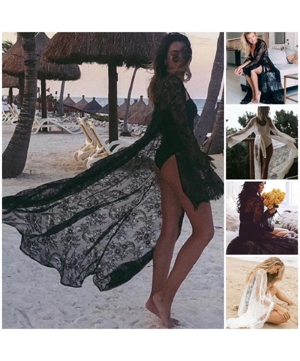 Women Lace Hollow Crochet Swimwear Bikini Long Sleeve Cover Up Beach Dress Sarongs Kaftan $22.60 - Swimsuit